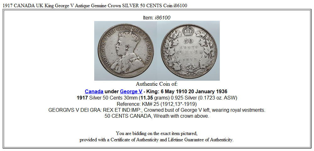 1917 CANADA UK King George V Antique Genuine Crown SILVER 50 CENTS Coin i86100