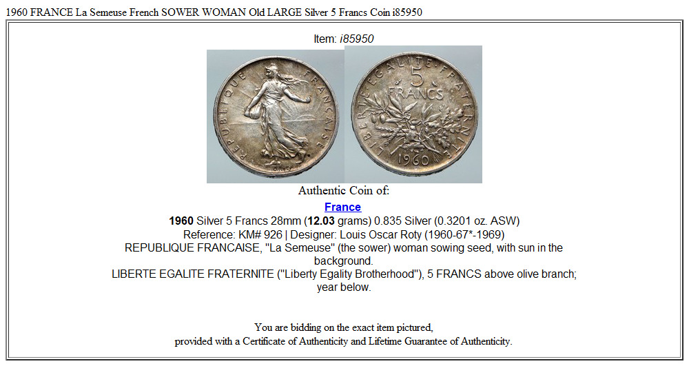 1960 FRANCE La Semeuse French SOWER WOMAN Old LARGE Silver 5 Francs Coin i85950