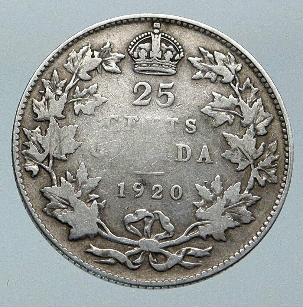 1920 CANADA UK King George V VINTAGE Antique RARE SILVER 25 CENTS Coin i86105