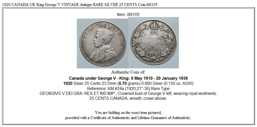 1920 CANADA UK King George V VINTAGE Antique RARE SILVER 25 CENTS Coin i86105