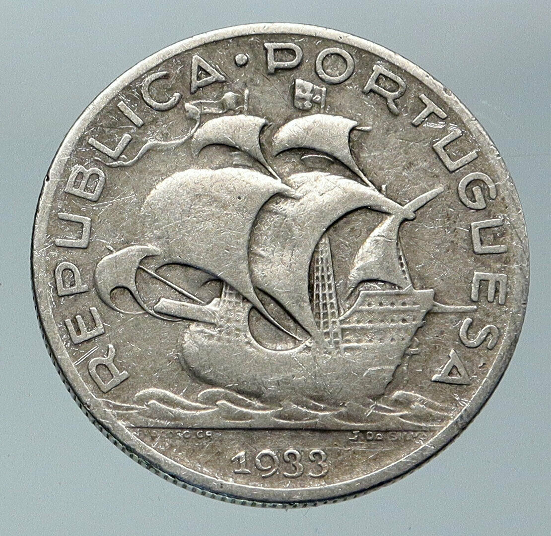 1933 PORTUGAL with PORTUGUESE SAILING SHIP Vintage Silver 5 Escudos Coin i85953