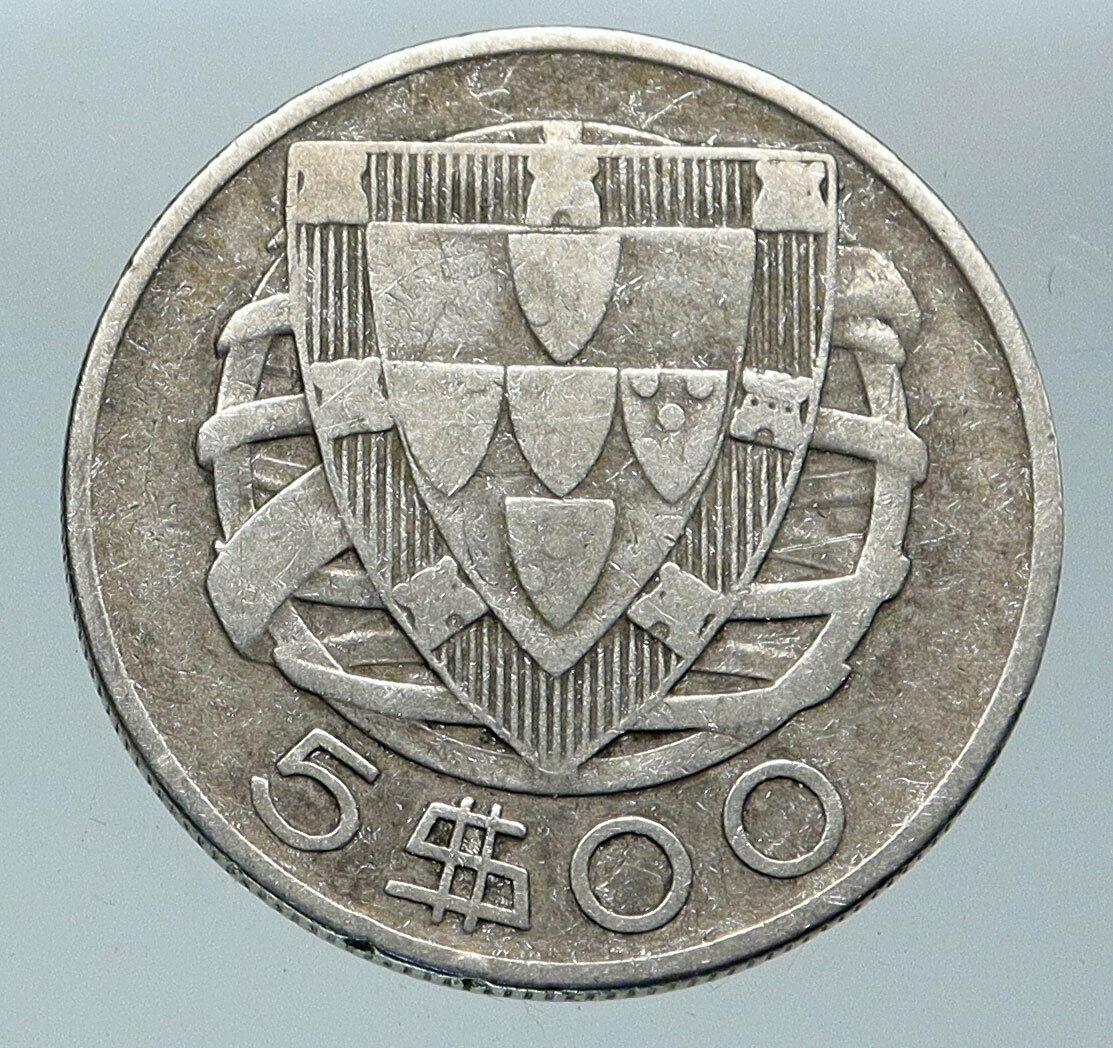 1933 PORTUGAL with PORTUGUESE SAILING SHIP Vintage Silver 5 Escudos Coin i85953