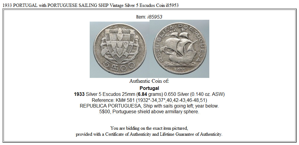 1933 PORTUGAL with PORTUGUESE SAILING SHIP Vintage Silver 5 Escudos Coin i85953