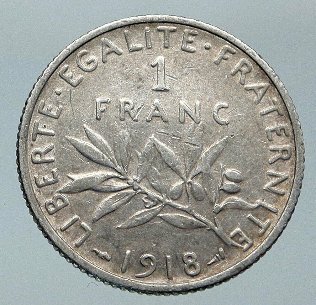 1918 FRANCE La Semeuse Sower Woman ANTIQUE OLD Silver 1 Franc French Coin i86106