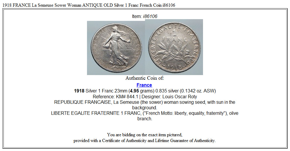 1918 FRANCE La Semeuse Sower Woman ANTIQUE OLD Silver 1 Franc French Coin i86106