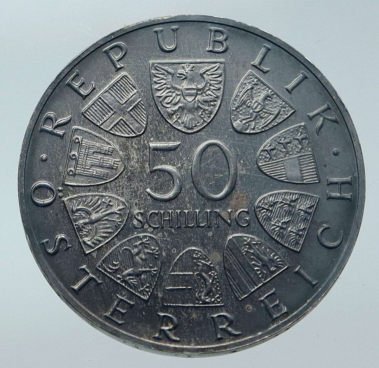 1965 AUSTRIA 600th of VIENNA UNIVERSITY Rudolf IV Stifter 50S Silver Coin i86080