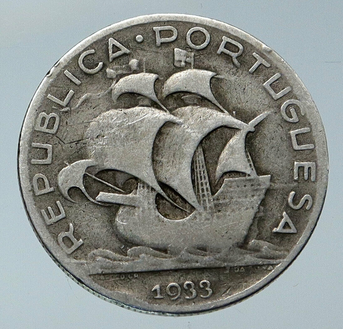 1933 PORTUGAL with PORTUGUESE SAILING SHIP Vintage Silver 5 Escudos Coin i86075