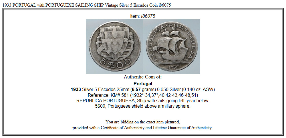 1933 PORTUGAL with PORTUGUESE SAILING SHIP Vintage Silver 5 Escudos Coin i86075