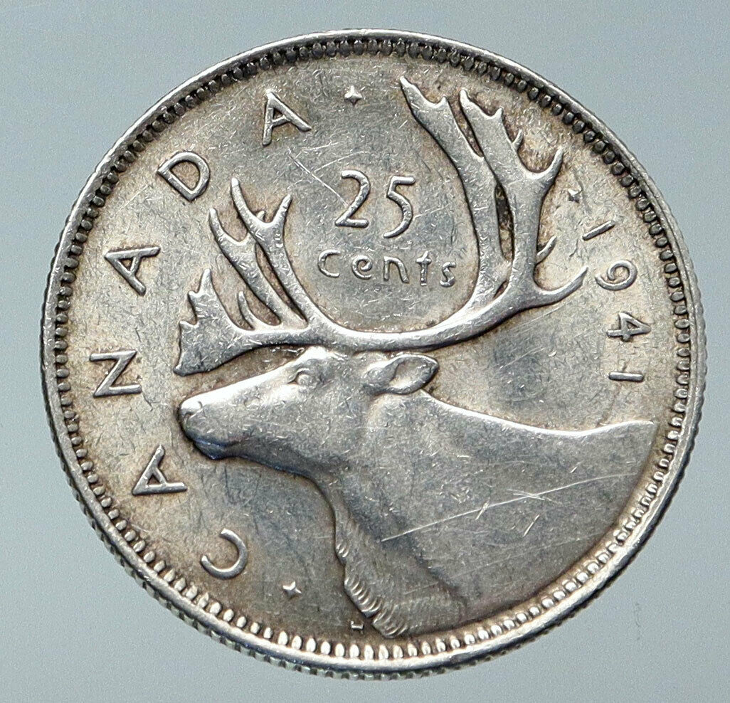 1941 CANADA King George VI of Britain ANTLERS CARIBOU Silver 25 Cent Coin i85963