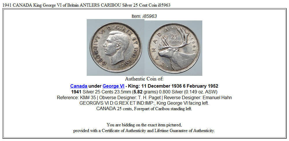 1941 CANADA King George VI of Britain ANTLERS CARIBOU Silver 25 Cent Coin i85963