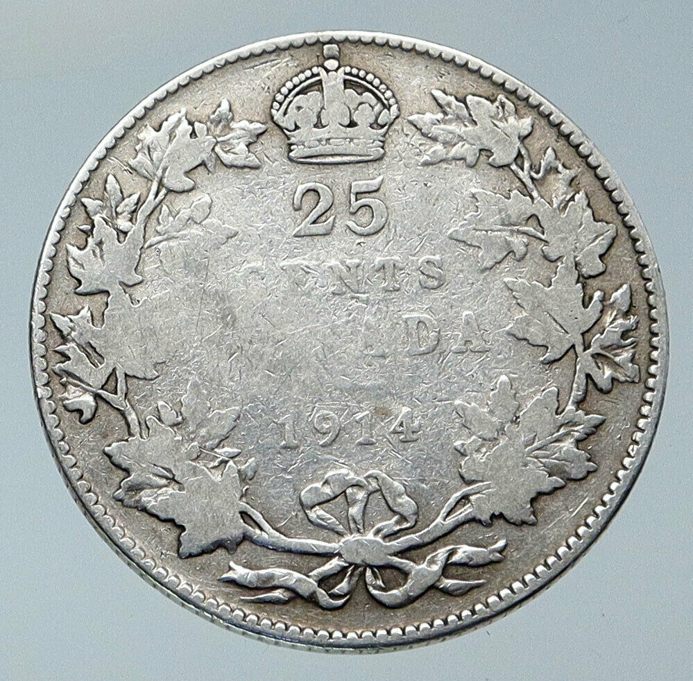 1914 CANADA UK King George V Genuine Original SILVER 25 CENTS Coin i86072