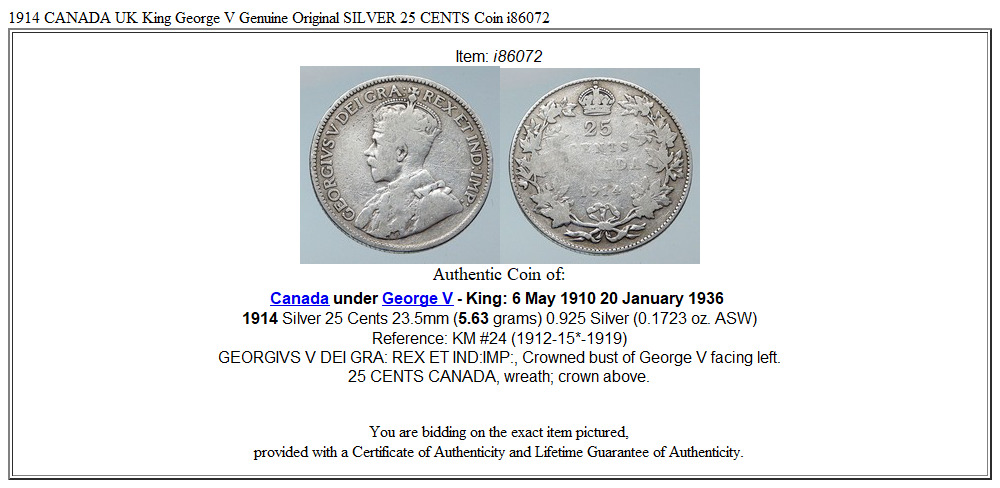 1914 CANADA UK King George V Genuine Original SILVER 25 CENTS Coin i86072