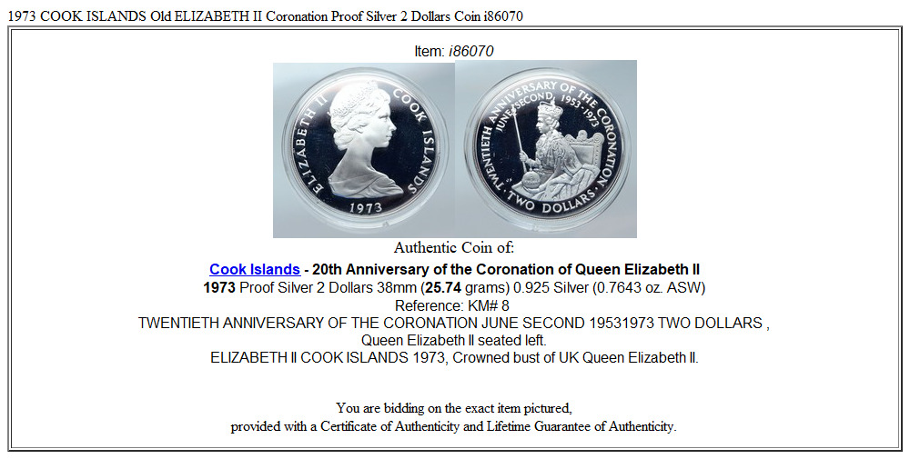 1973 COOK ISLANDS Old ELIZABETH II Coronation Proof Silver 2 Dollars Coin i86070