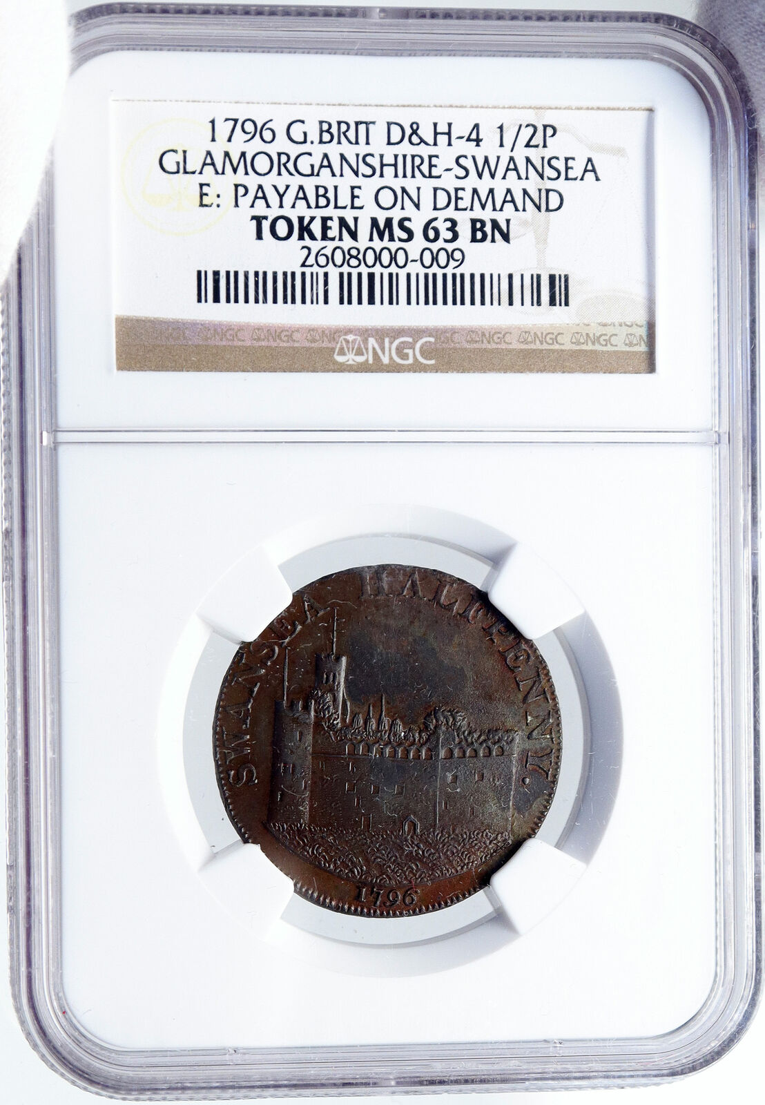 1796 WALES UK Glamorganshire Swansea CASTLE & KEY 1/2P Conder NGC Token i86447