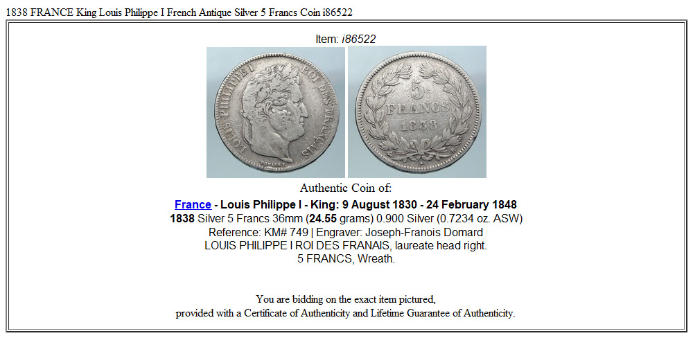 1838 FRANCE King Louis Philippe I French Antique Silver 5 Francs Coin i86522