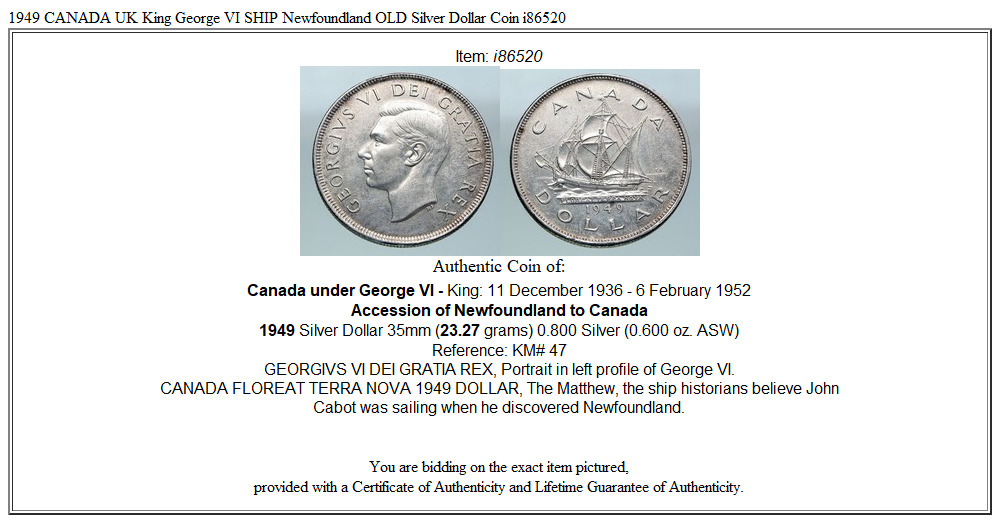 1949 CANADA UK King George VI SHIP Newfoundland OLD Silver Dollar Coin i86520