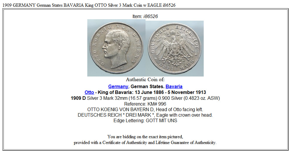 1909 GERMANY German States BAVARIA King OTTO Silver 3 Mark Coin w EAGLE i86526