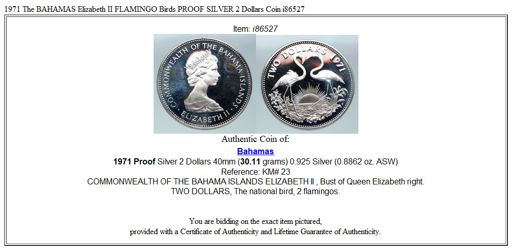 1971 The BAHAMAS Elizabeth II FLAMINGO Birds PROOF SILVER 2 Dollars Coin i86527