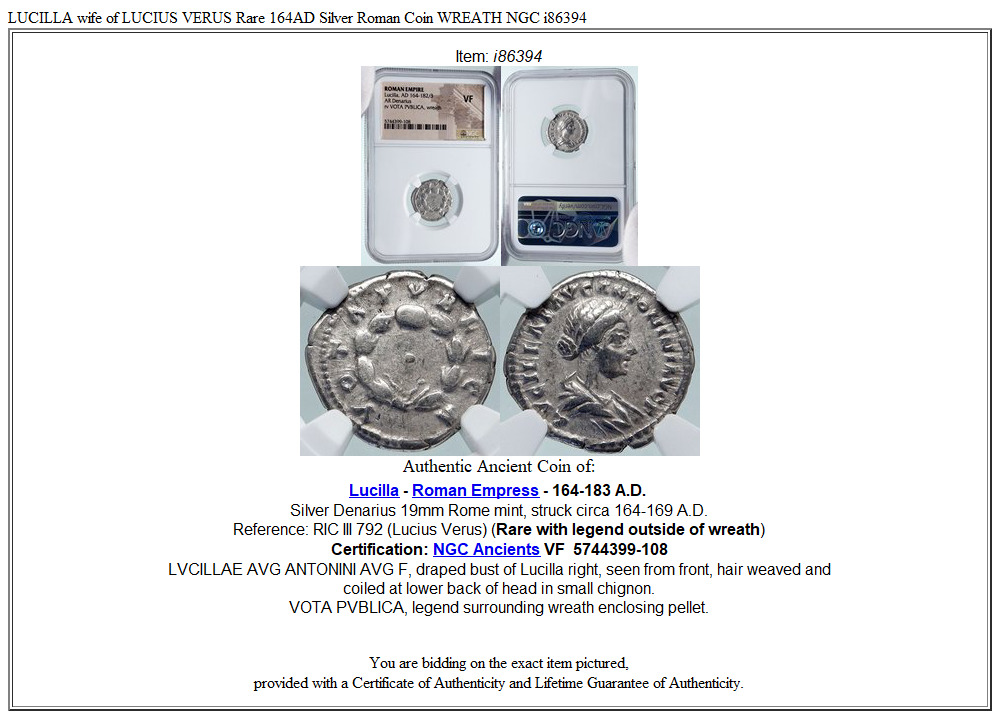 LUCILLA wife of LUCIUS VERUS Rare 164AD Silver Roman Coin WREATH NGC i86394