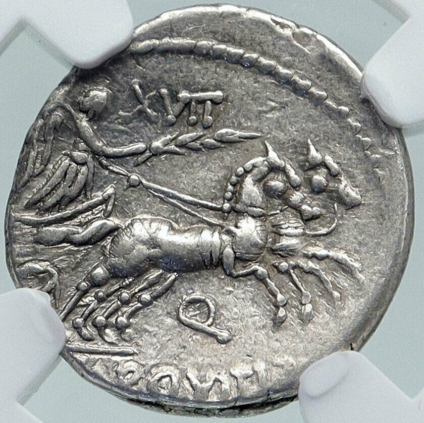 Roman Republic SULLA TIME 82BC Ancient Rome Silver Coin ANNA CHARIOT NGC i86392