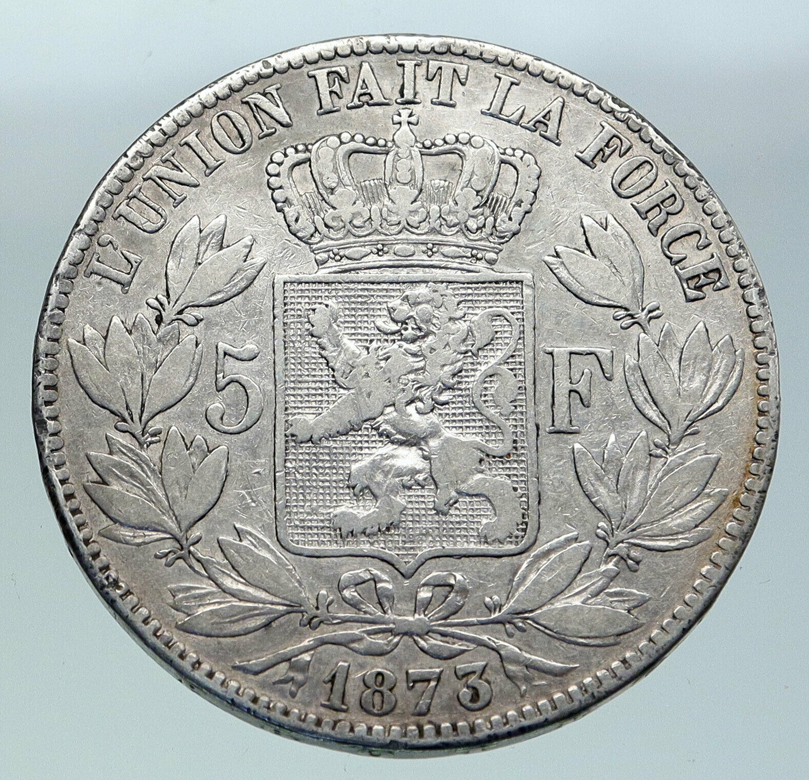 1873 BELGIUM with King LEOPOLD II and LION Genuine Silver 5 Francs Coin i86531