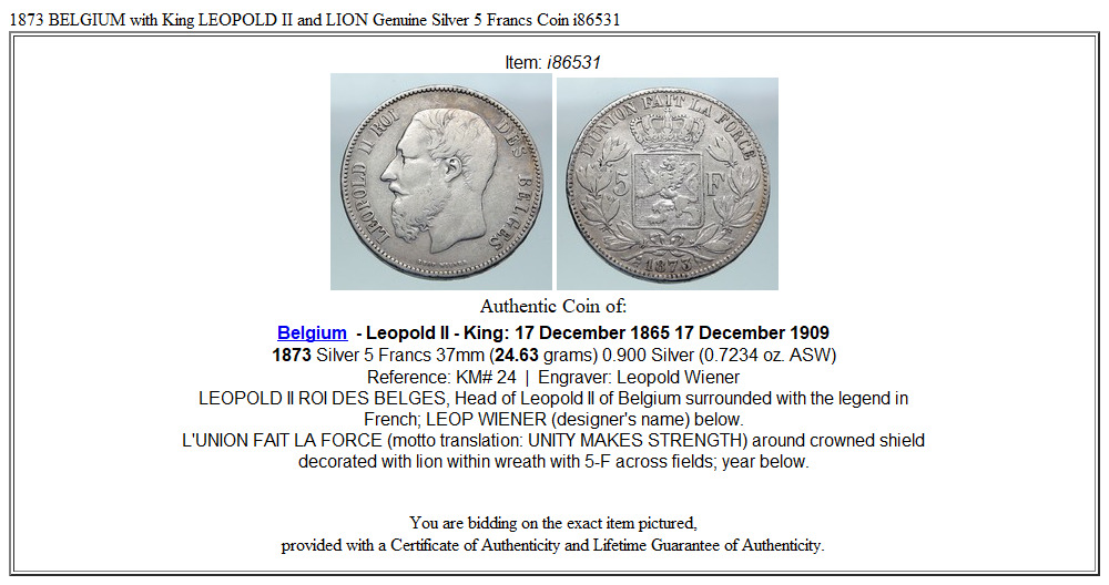 1873 BELGIUM with King LEOPOLD II and LION Genuine Silver 5 Francs Coin i86531