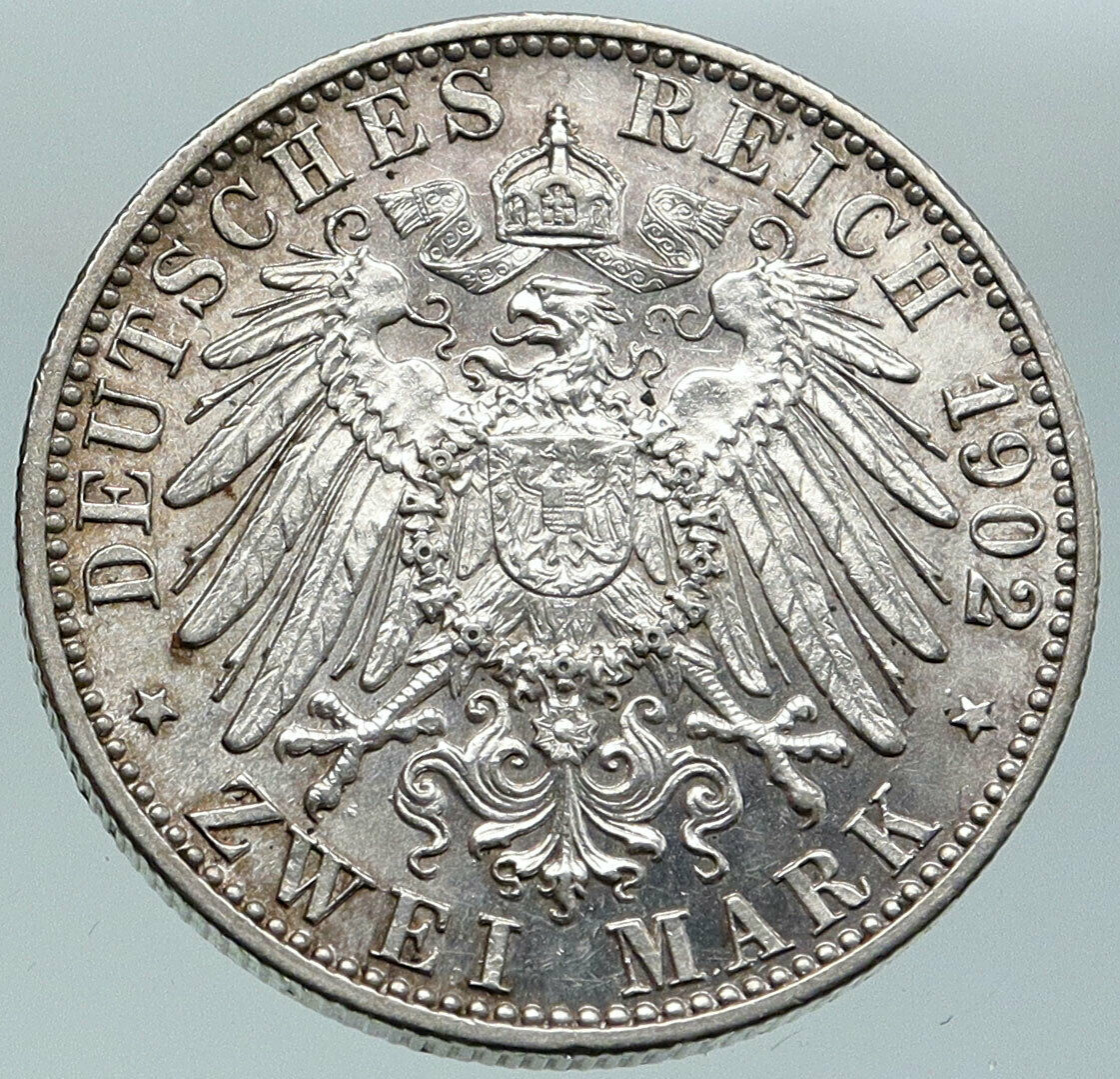 1902 GERMANY GERMAN STATE BADEN King Friedrich I ANTIQUE Silver 2 Mk Coin i86576