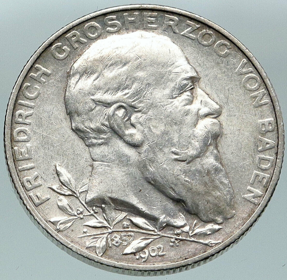 1902 GERMANY GERMAN STATE BADEN King Friedrich I ANTIQUE Silver 2 Mk Coin i86576