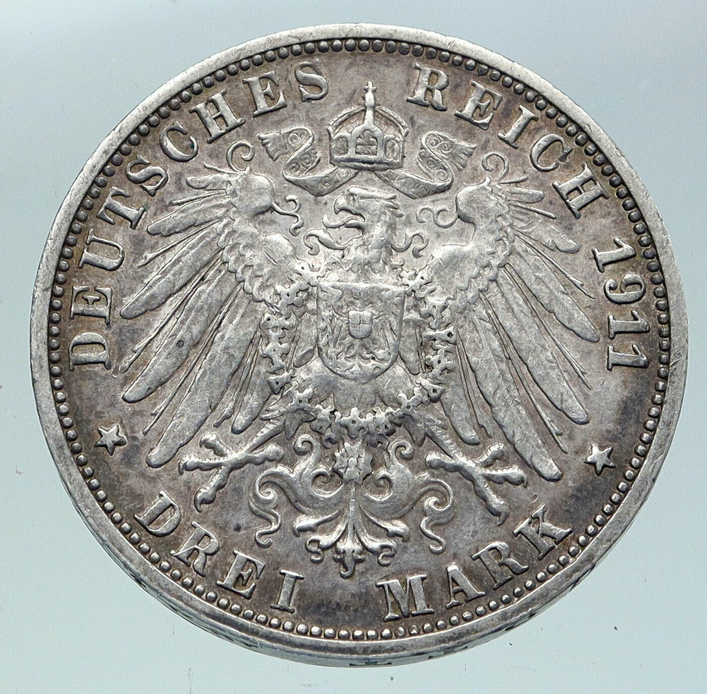 1911 WURTTEMBERG KINGDOM Germany WILHELM II Wedding Silver 3 Mark Coin i86334