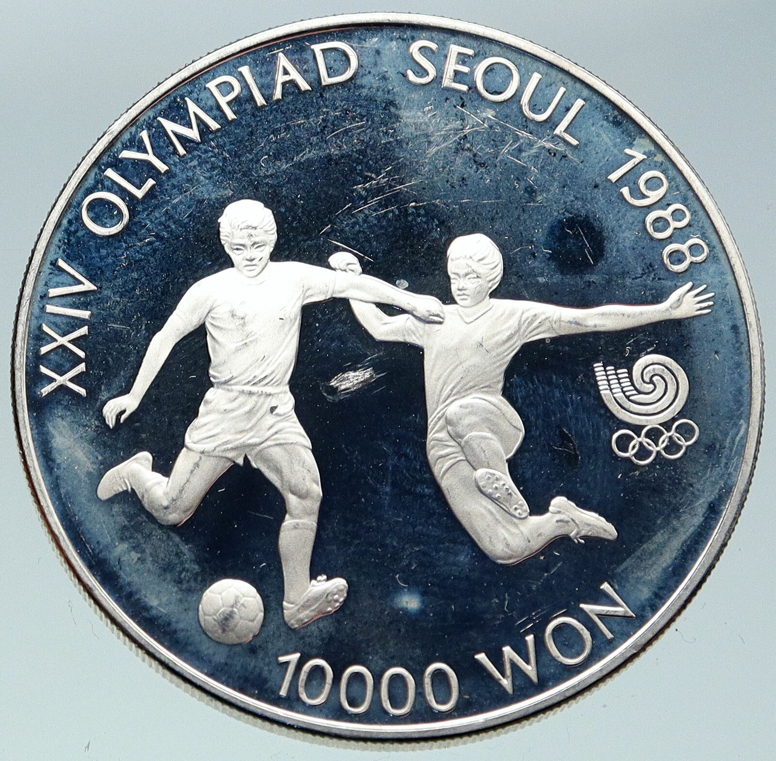 1986 SOUTH KOREA Seoul OLYMPIC GAMES Soccer Football Silver 10000 Wn Coin i86580