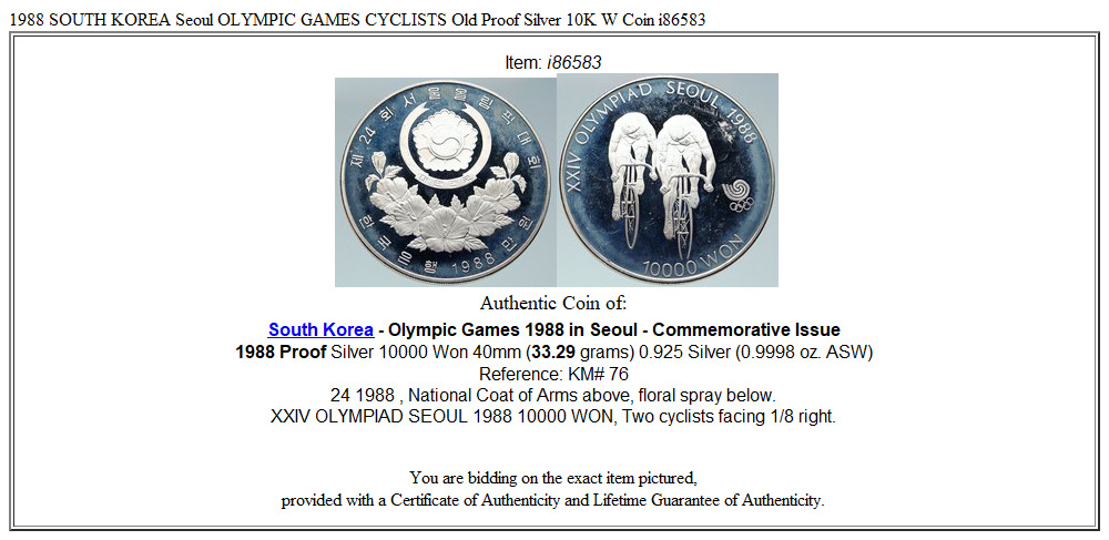 1988 SOUTH KOREA Seoul OLYMPIC GAMES CYCLISTS Old Proof Silver 10K W Coin i86583