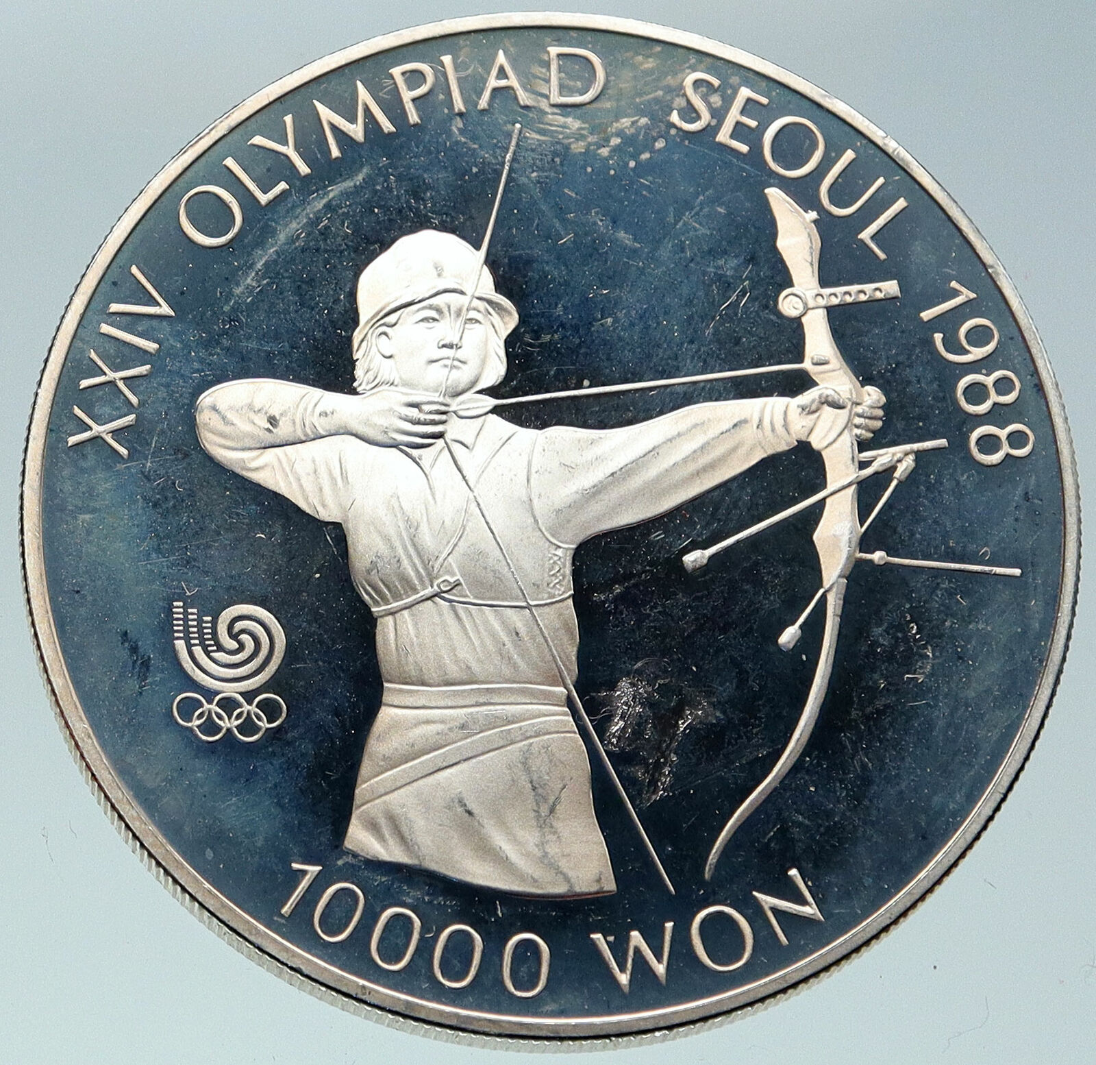 1987 SOUTH KOREA Seoul OLYMPIC GAMES Girl ARCHERY Proof Silver 10K W Coin i86581