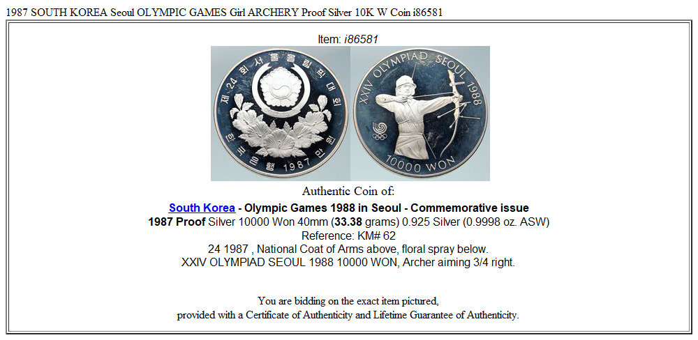 1987 SOUTH KOREA Seoul OLYMPIC GAMES Girl ARCHERY Proof Silver 10K W Coin i86581