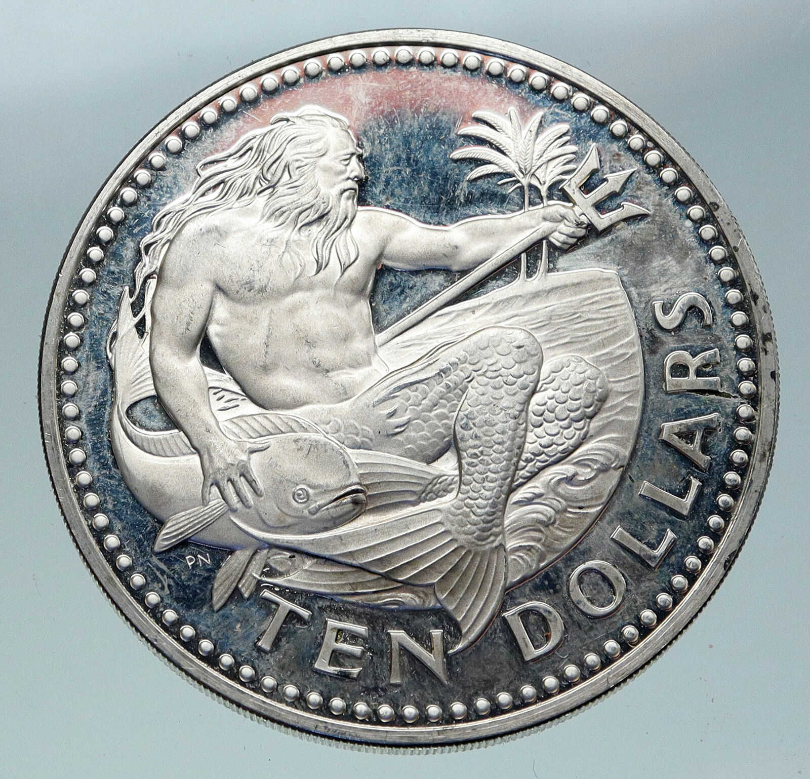 1974 BARBADOS Huge 4.2cm VINTAGE NEPTUNE Old Proof Silver 10 Dollars Coin i86338