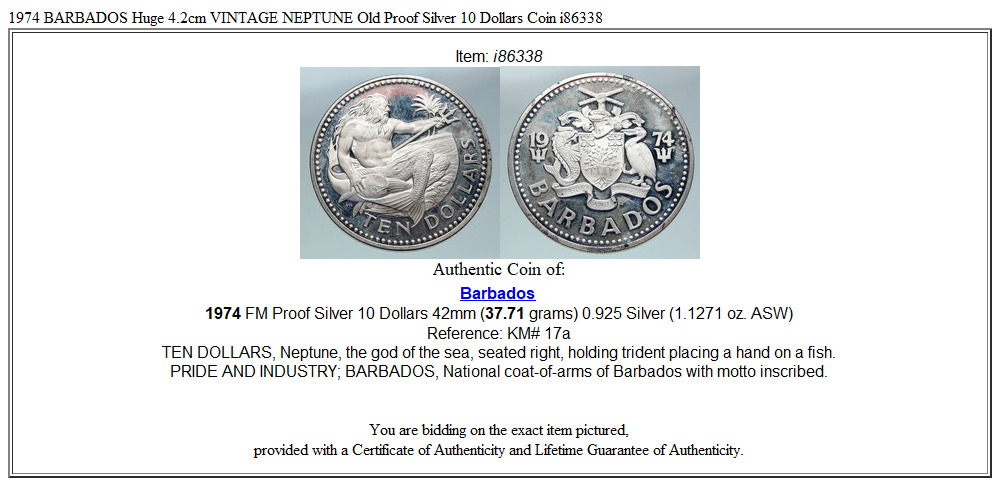 1974 BARBADOS Huge 4.2cm VINTAGE NEPTUNE Old Proof Silver 10 Dollars Coin i86338