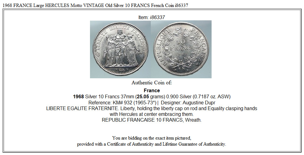 1968 FRANCE Large HERCULES Motto VINTAGE Old Silver 10 FRANCS French Coin i86337