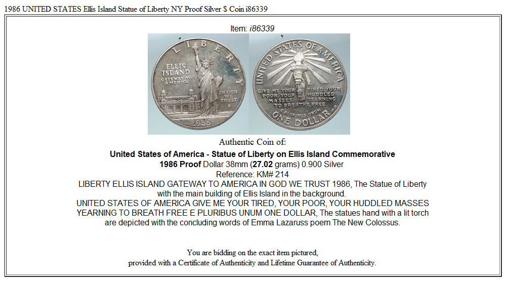 1986 UNITED STATES Ellis Island Statue of Liberty NY Proof Silver $ Coin i86339