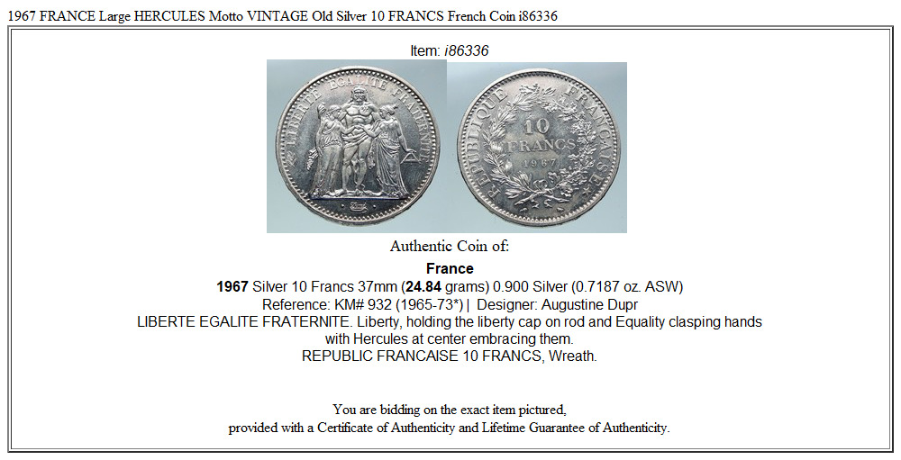 1967 FRANCE Large HERCULES Motto VINTAGE Old Silver 10 FRANCS French Coin i86336