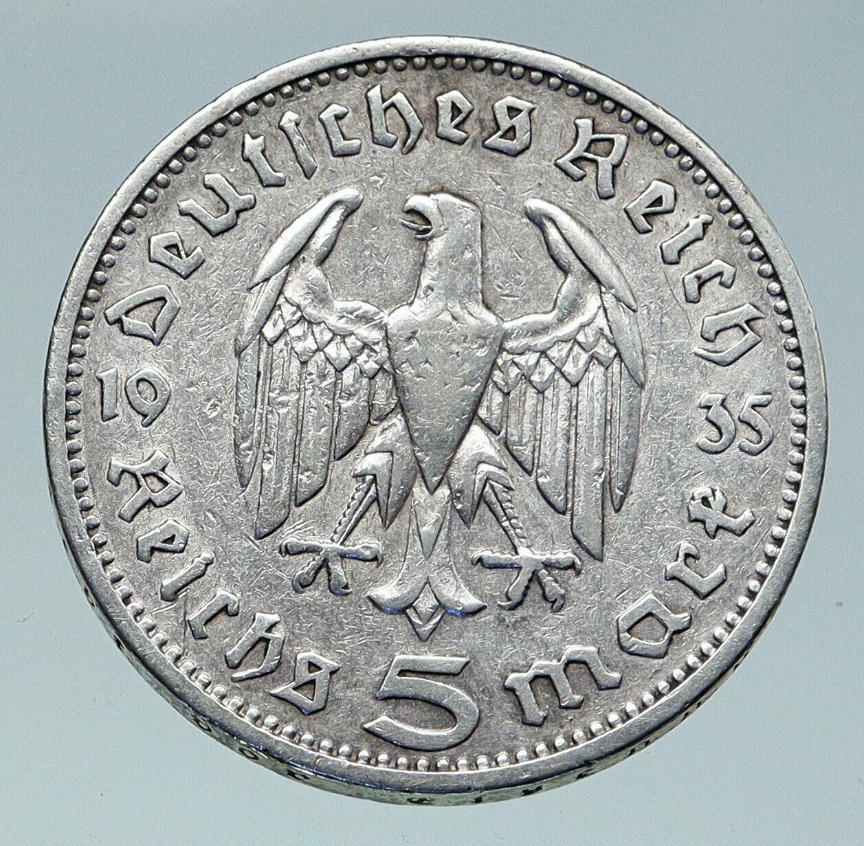 1936 Germany 2nd President Paul von Hindenburg Silver German 5 Marks Coin i86607