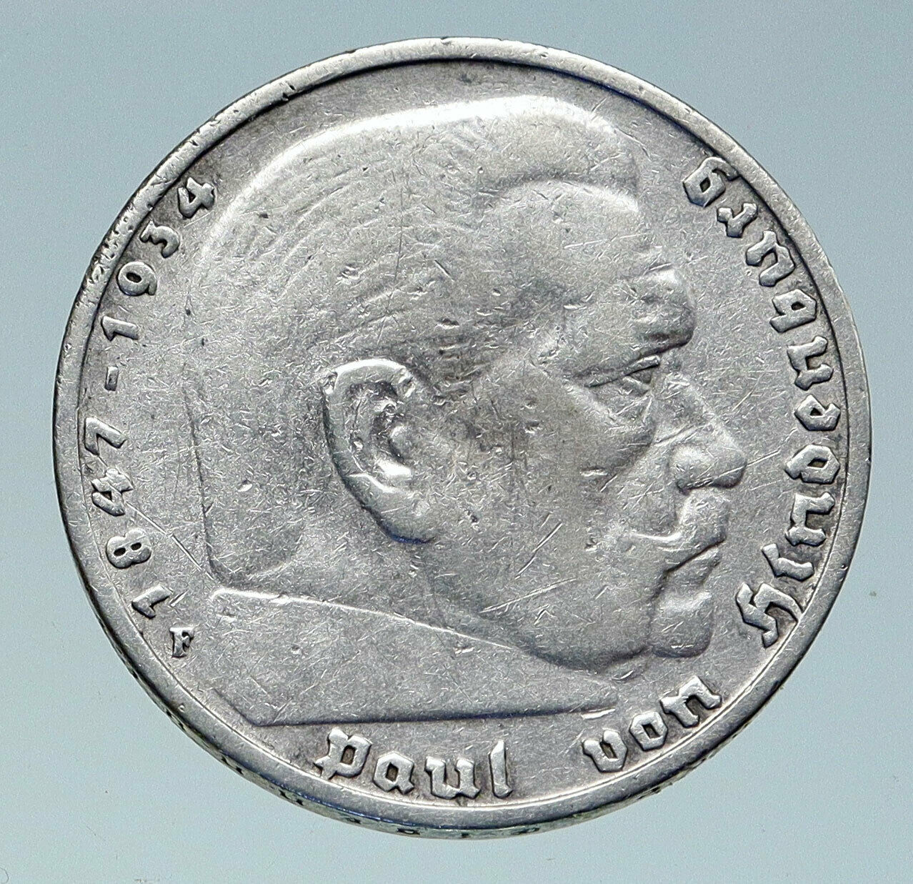 1936 Germany 2nd President Paul von Hindenburg Silver German 5 Marks Coin i86607