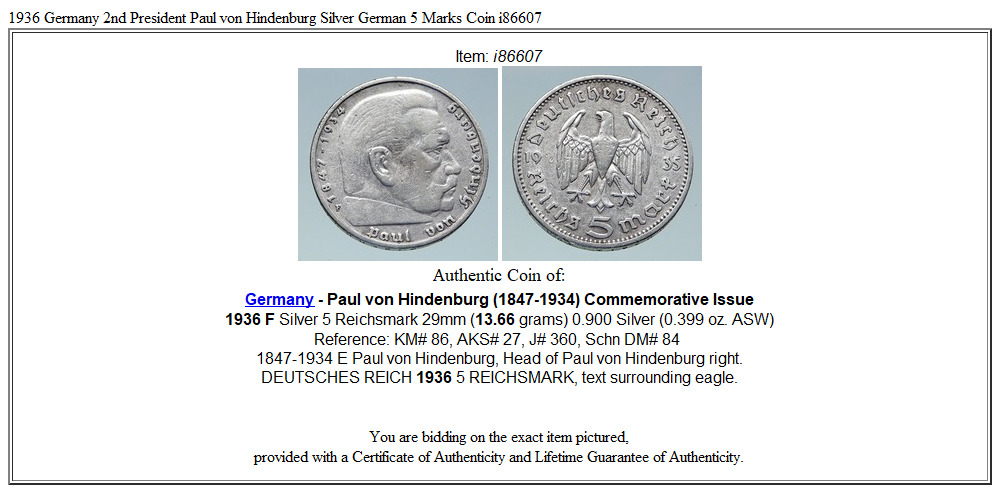 1936 Germany 2nd President Paul von Hindenburg Silver German 5 Marks Coin i86607