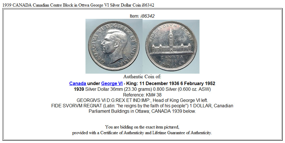 1939 CANADA Canadian Centre Block in Ottwa George VI Silver Dollar Coin i86342