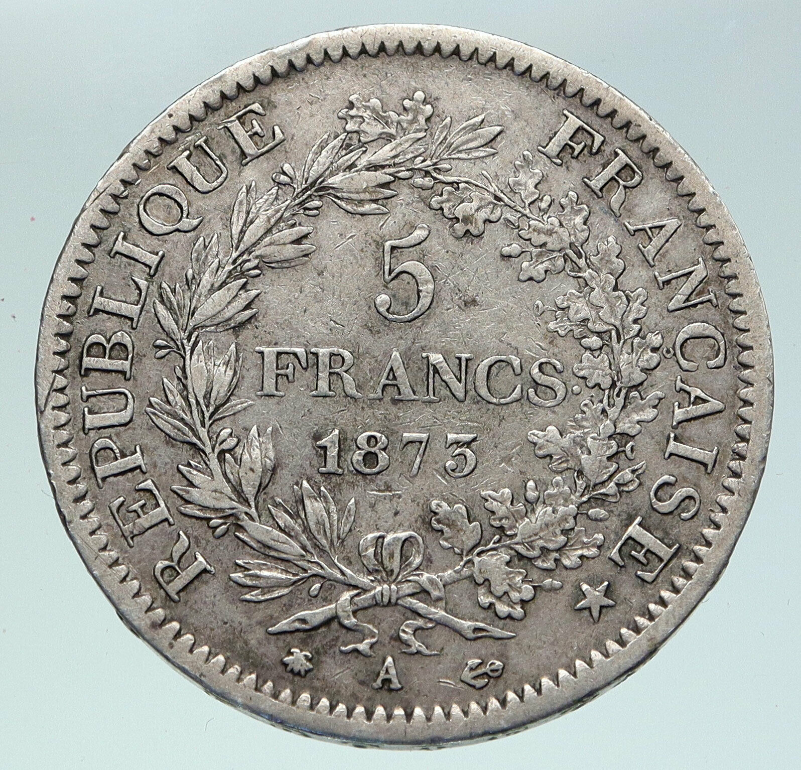 1875 A FRANCE Hercules Group Antique VINTAGE Silver 5 Franc French Coin i86343