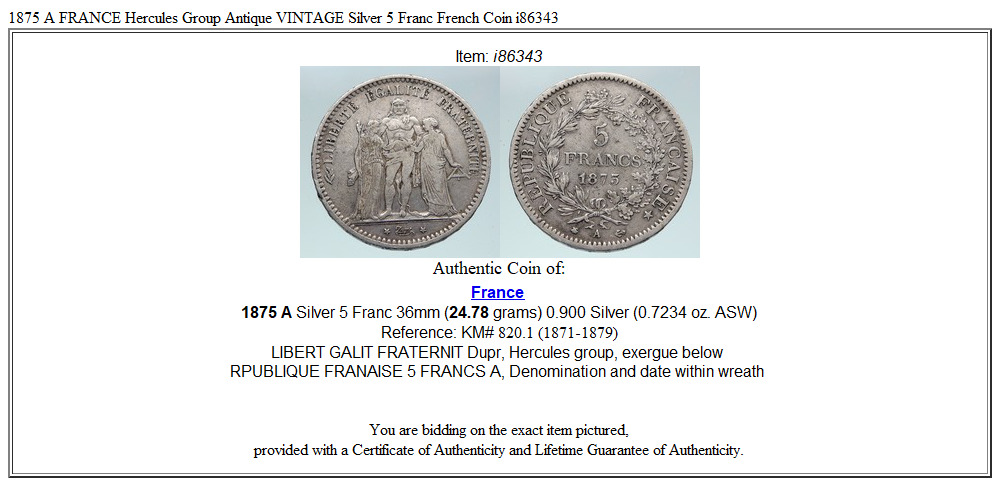 1875 A FRANCE Hercules Group Antique VINTAGE Silver 5 Franc French Coin i86343