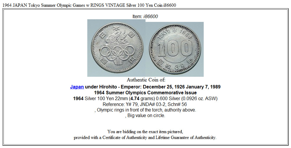 1964 JAPAN Tokyo Summer Olympic Games w RINGS VINTAGE Silver 100 Yen Coin i86600