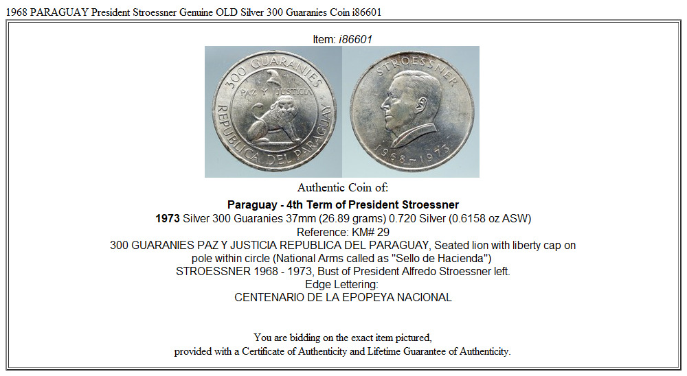 1968 PARAGUAY President Stroessner Genuine OLD Silver 300 Guaranies Coin i86601