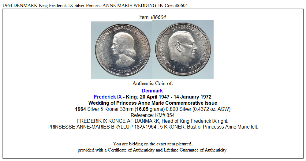 1964 DENMARK King Frederick IX Silver Princess ANNE MARIE WEDDING 5K Coin i86604