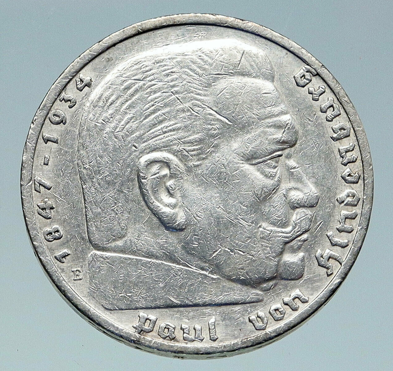 1936 Germany 2nd President Paul von Hindenburg Silver German 5 Marks Coin i86606