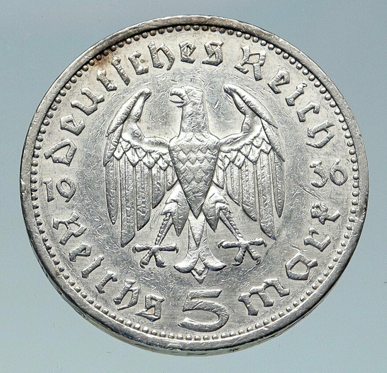 1936 Germany 2nd President Paul von Hindenburg Silver German 5 Marks Coin i86606