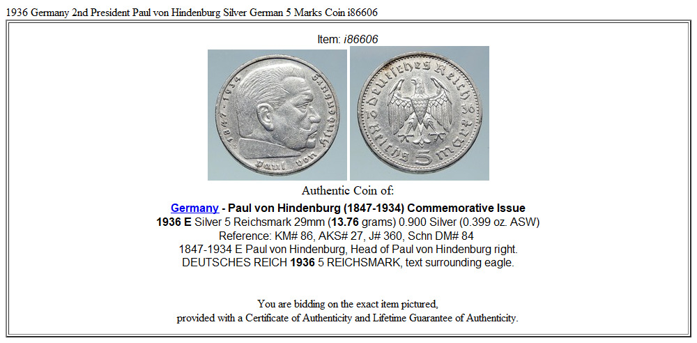 1936 Germany 2nd President Paul von Hindenburg Silver German 5 Marks Coin i86606